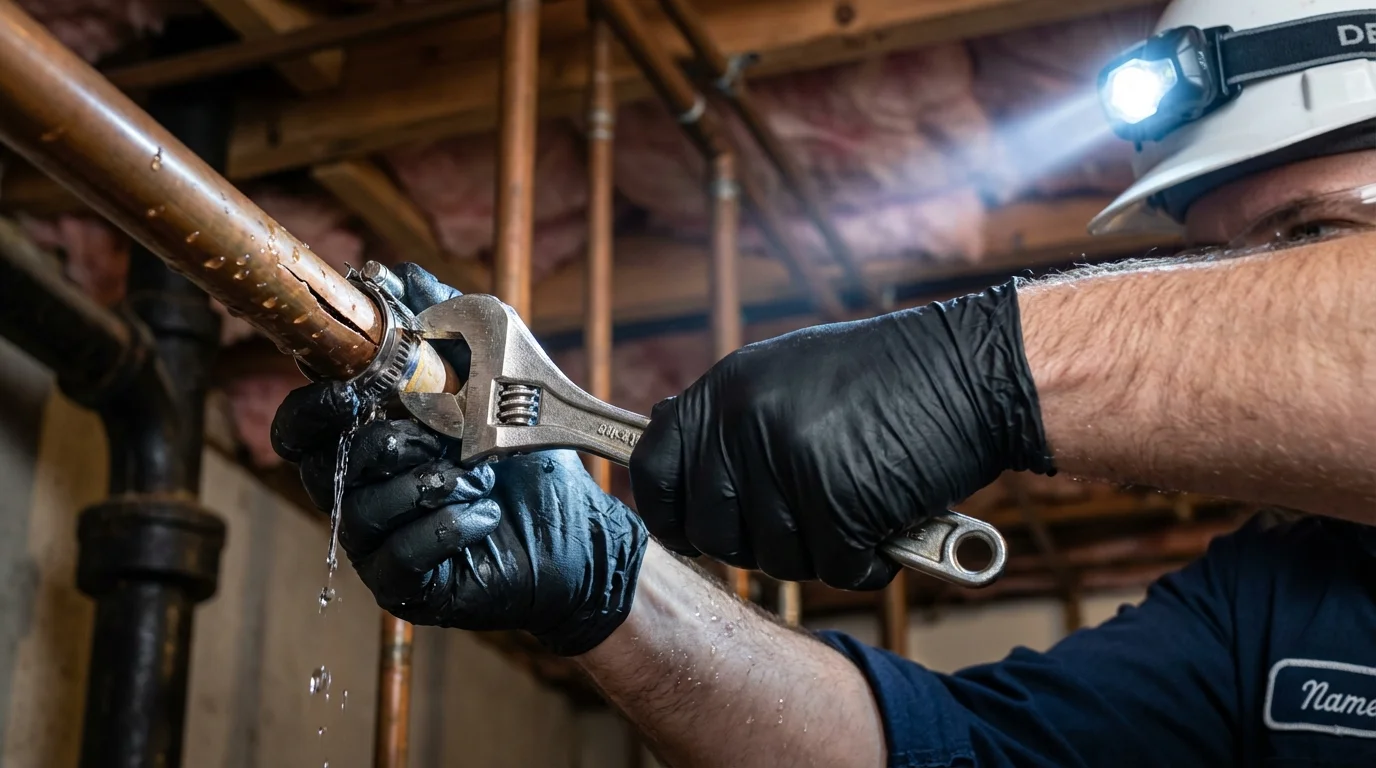 Emergency pipe clamp repair being performed by a Johns Plumbing LLC plumber in Hannibal